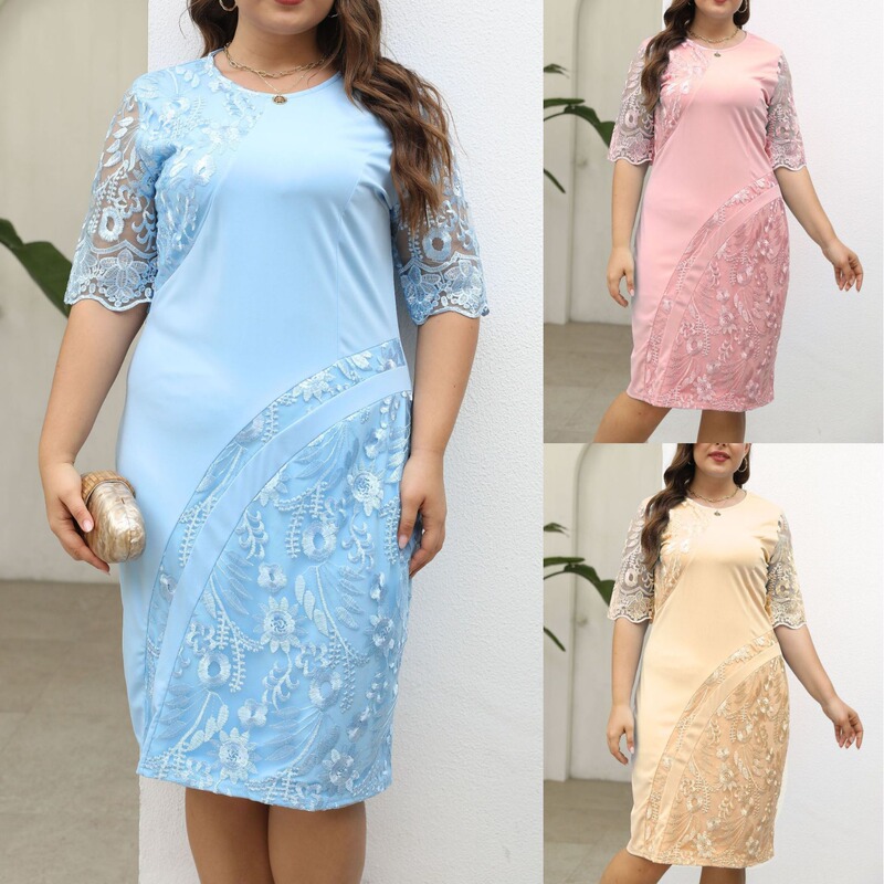 European and American Cross-border Spring and Summer New Women's dress Stitching Embroidered Lace Slim-fit Cocktail Dress