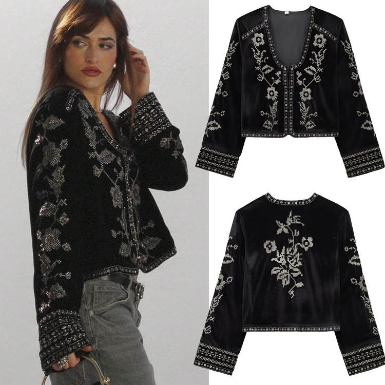 Amazon Wholesale Spring New Women's Clothing Cross-Border European and American Style Embroidered Velvet Long-Sleeved Jacket