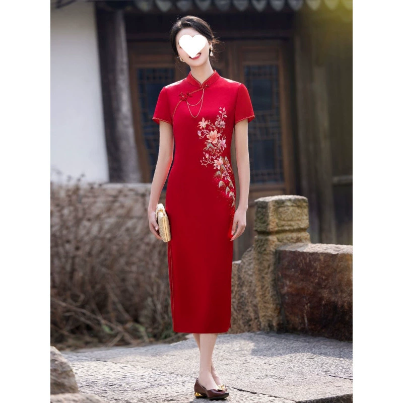 Элитное платье для свекрови из ацетата, чонсам, благородное летнее молодежное платье для тоста, новое красное свадебное платье с вышивкой для банкета