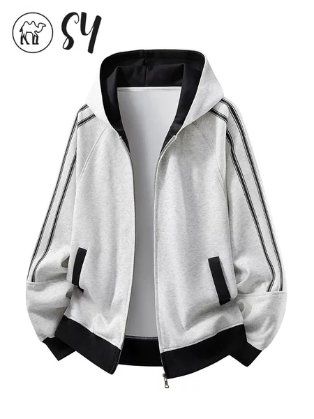 Designer gray cardigan sweatshirt for women, 2026 new autumn collection, loose striped early autumn sports hooded jacket for petite figures