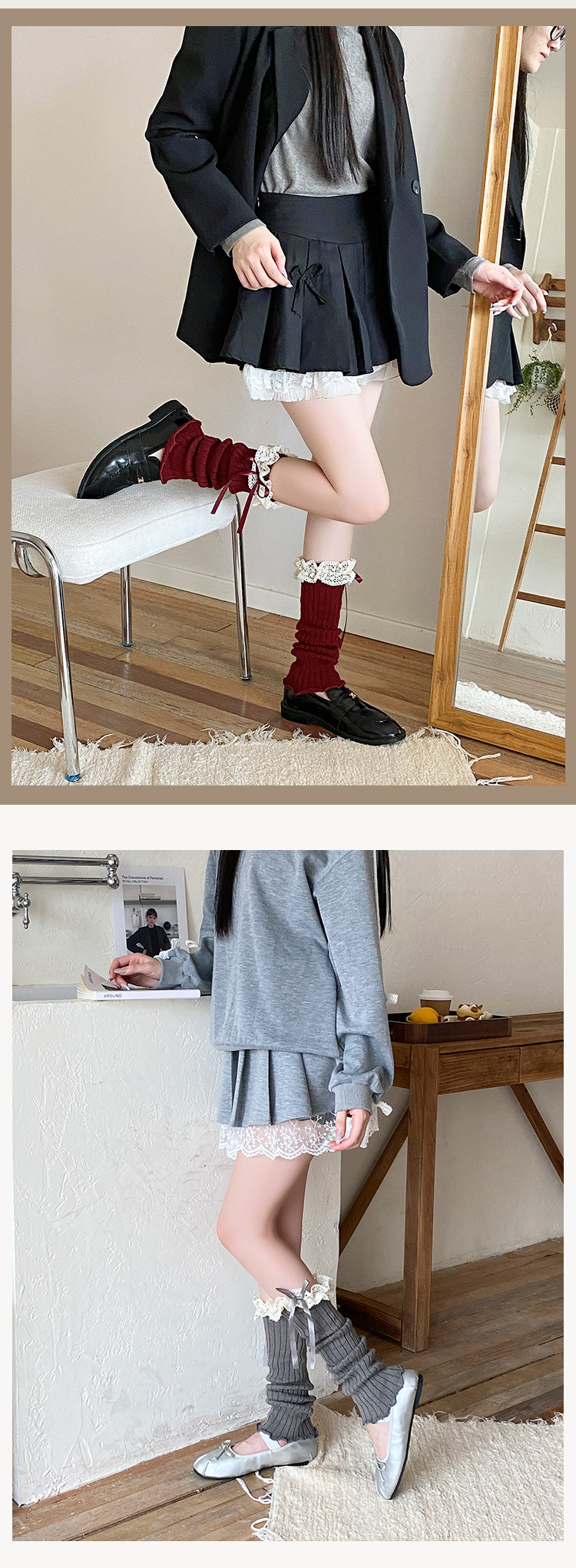 Beinstulpen Bootshang Baumwollsocken Damenstrümpfe mit Spitze und Schleife im Lolita-Stil, Ballett-Stil Mädchen Encore Rote gestapelte Beinstulpen_voghion.com