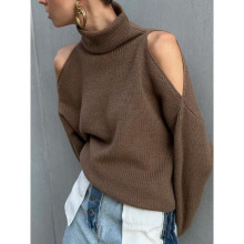 秋冬新款设计感露肩高领长袖毛衣时尚慵懒风宽松垂感套头毛织上衣