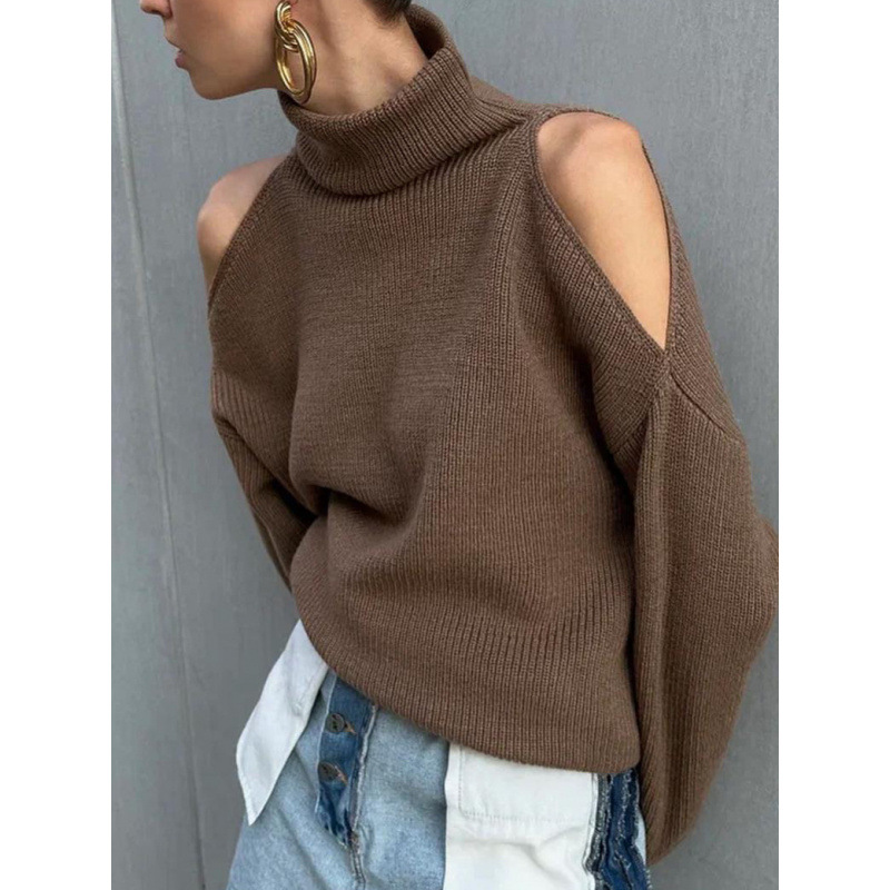 秋冬新款设计感露肩高领长袖毛衣时尚慵懒风宽松垂感套头毛织上衣