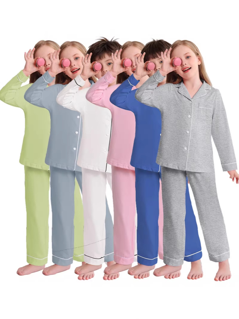 Spring and Summer Thin Pure Cotton Boys' and Girls' Long-Sleeve Long-Pants Casual Home Wear Children's Turn-Down Collar Pajama Set Versatile