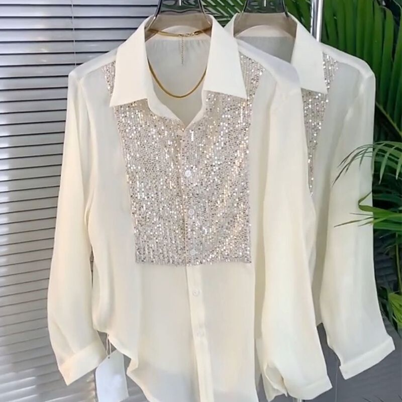Designed Sequin Splicing Long-Sleeved Chiffon Shirt for Women 2025 Spring New Style French Style Commuter Style Top