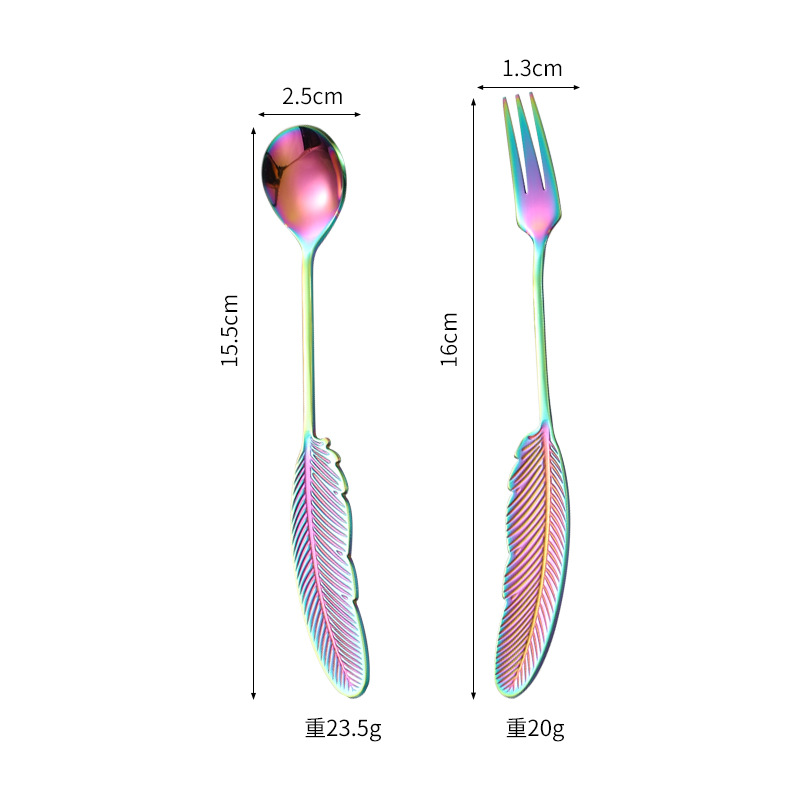 Creativo chapado en oro de color 304 de acero inoxidable de plumas cuchara de pastel cuchara de postre Tenedor de fruta cuchara de café cuchara de agitación