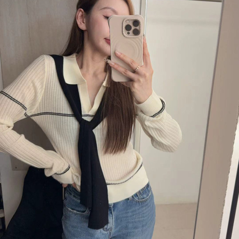 Dalan Source Sweater Factory Korean-style polo collar striped color-block knit top for women, new autumn versatile slim-fit top Dalan Source Sweater Factory Korean-style polo collar striped color-block knit top for women, new autumn versatile slim-fit top