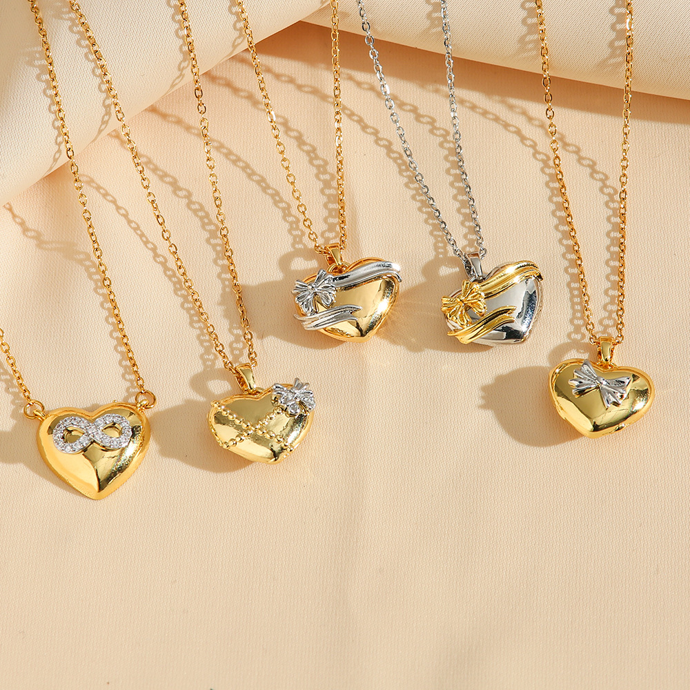 8g Weight 18K Gold Plated Plating Material Wholesale Jewelry Simple Style Heart Shape Bow Knot Titanium Steel Copper 18K Gold Plated Mixed Metal Pendant Necklace Cable Chain