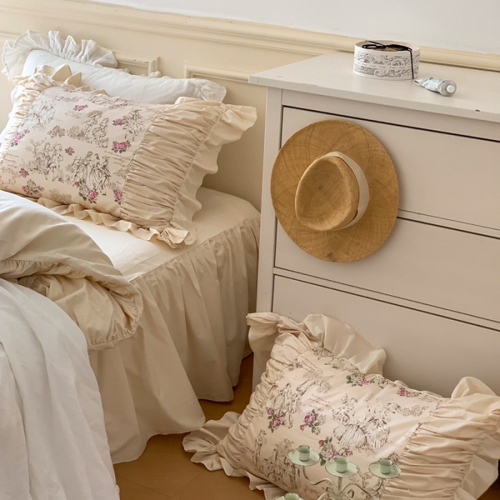 Nordisch-französisches Vintage-Boho-Retro-Prinzessinnen-Bettwäscheset mit Spitze und Rüschen, vierteilig, bestehend aus Rock, Bettlaken und Bettbezug, aus reiner Baumwolle._voghion.com