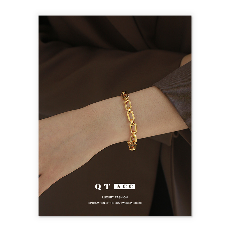 High color retention brass plating real gold European and American all-match texture ins cold style Internet red gold thick chain bracelet for women