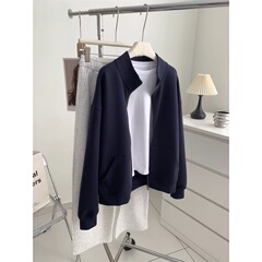 特大码200斤胖mm藏青色立领拉链开衫卫衣外套女春秋宽松无帽上衣