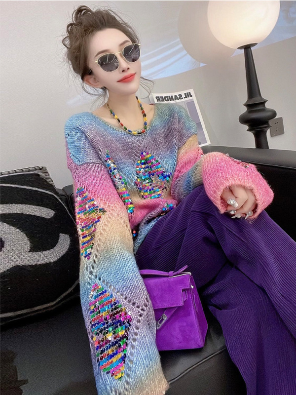 欧洲站亮片毛衣女2025年秋冬新款小众设计感气质显瘦百搭针织上衣|undefined
