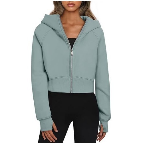 2023 European and American Foreign trade cross-border women's clothing Amazon popular hooded zipper short casual fleece-lined long-sleeved sweater
