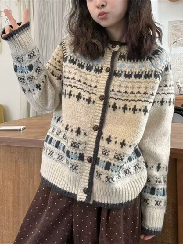 复古费尔岛毛衣外套女装秋冬新款宽松慵懒风软糯提花针织开衫上衣|undefined
