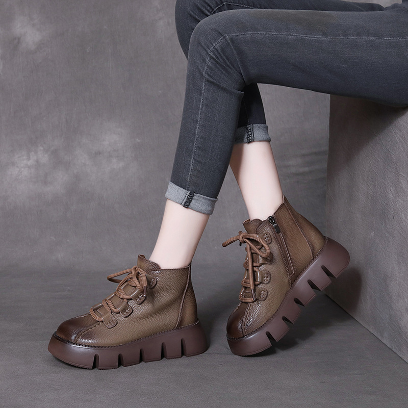 真皮马丁靴女2022年新款松糕底单靴头层牛皮骑士靴厚底增高短靴