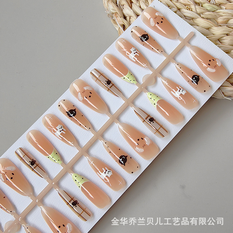 Manicure Wearable Nails Three-Dimensional Black Cat White Cat Nail Patch French Blush Long Tip Fake Nail Patch Prefabricated Nail Patch