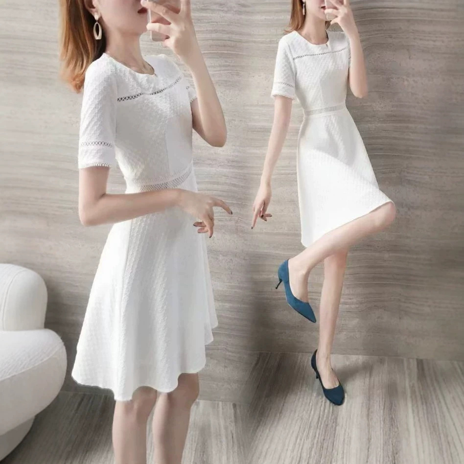 Đầm suông midi trắng tay ngắn cổ tròn phong cách đơn giản thanh lịch — trắng chi tiết 1