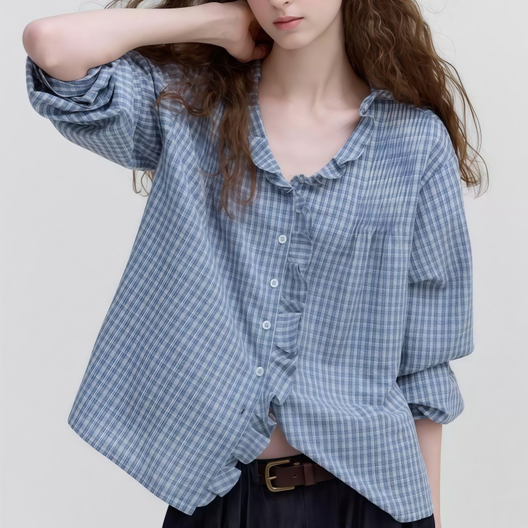 Let retro plaid color-block micro-bubble texture V-neck lace collar shirt for women