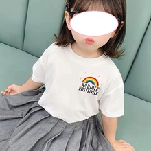 兒童短袖T恤2023夏季新款女童男童卡通彩虹上衣五分袖夏裝薄