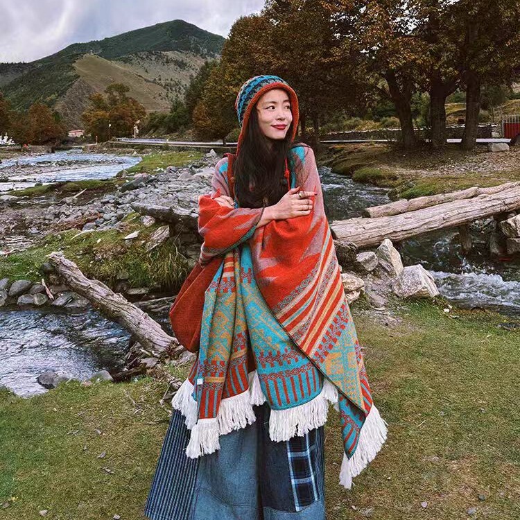 Ethnic Style Large Shawl Blanket Retro Cloak Qinghai Scarf Xizang Xinjiang Travel Cold-Proof Photo Cape Autumn and Winter Ethnic Style Large Shawl Blanket Retro Cloak Qinghai Scarf Xizang Xinjiang Travel Cold-Proof Photo Cape Autumn and Winter
