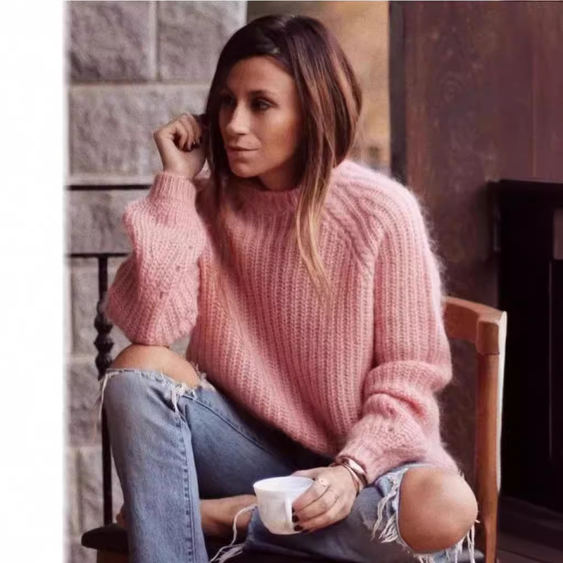 Spring French Wool Mohair Blended Thick Wool Knitted Pullover Sweater Long-Sleeved Women's Style