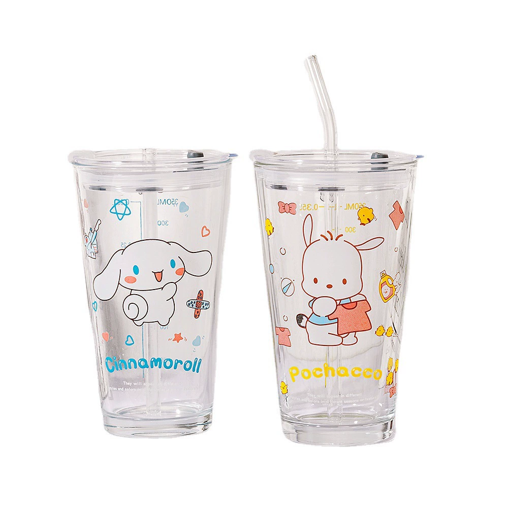 Sanrio glass net red straw cup girl heart scale milk cup drink juice INS wind belt covered milk cup