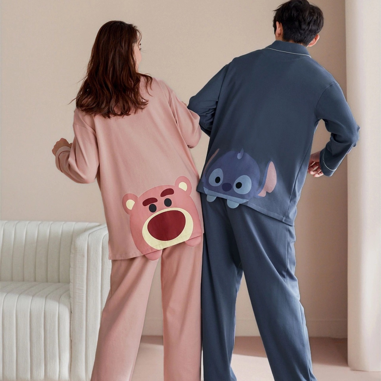 Strawberry Bear Couple Pajamas Women's Spring and Autumn Long Sleeve Cute Stitch Casual Home Clothes Cotton Suit One Piece Dropshipping