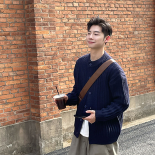 navy blue Button Sweater Cardigan Korean Style Men's Spring and Autumn Casual Knitwear Top Loose Lazy Style Jacket