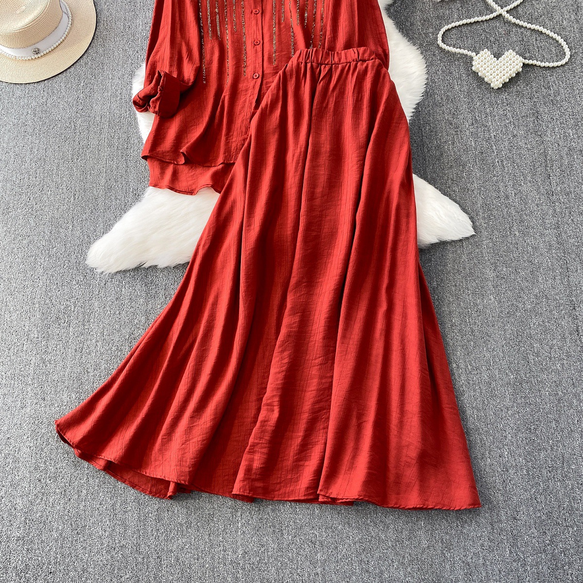 Damen Rock Set Im Französischen Stil Mit Strass Und Hemdbluse_voghion.com