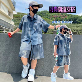 潮流百搭儿童衣裤夏季新款中大童休闲帅气短款衬衣套装
