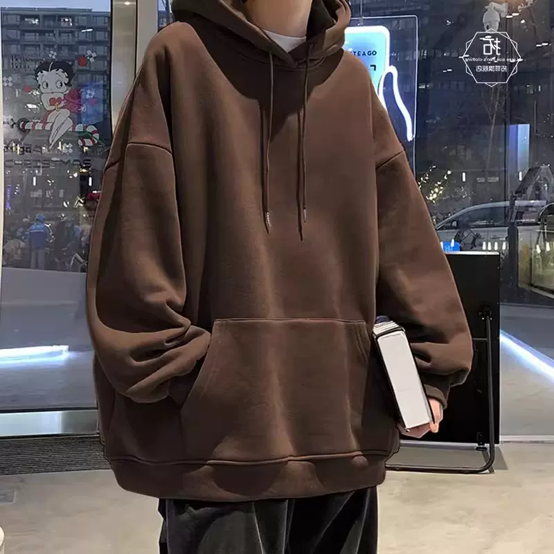 美式简约复古酒红色卫衣男秋冬款加绒加厚宽松纯色基础款外套跨境