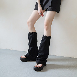 2025 New Dark Flip-Toe Platform Thick-Soled Denim Trouser Sandals Women's Niche Open-Toe No-Knee High Boots