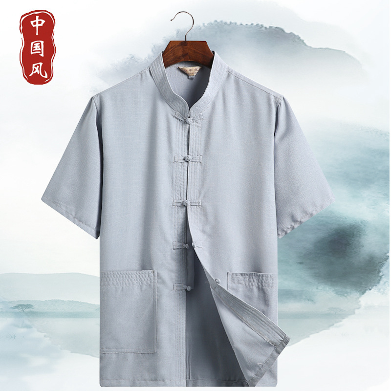 Men's cotton and linen Tang suit short-sleeved shirt for middle-aged and elderly men, summer Hanfu style, loose Chinese style grandfather outfit, casual short-sleeved shirt