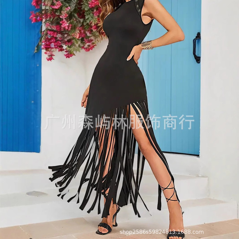 European and American New Products Halloween 70S Hippie Tassel Sleeveless Waist-Cinching Elegant Fashionable Sexy Long Dress