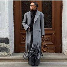 欧美风亚马逊速卖通爆款时尚潮流百搭流苏下摆双排扣毛呢长款外套