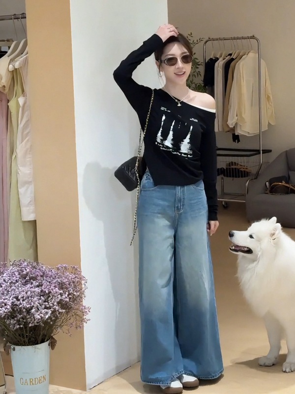 大码胖mm早秋新款时尚百搭斜肩印花假两件上衣修身显瘦长袖T恤女|undefined
