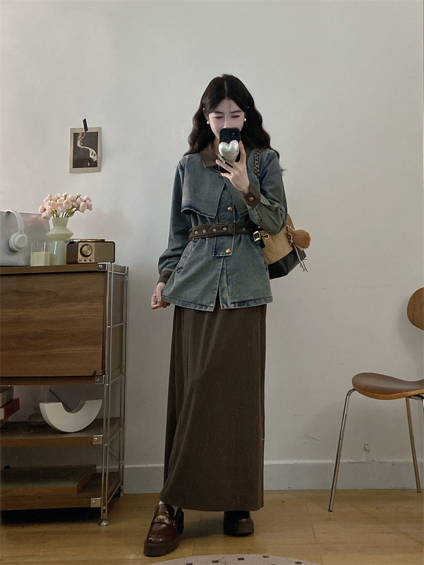 灯芯绒半身裙秋冬感复古穿搭一整套装女大码百搭胖MM牛拼接仔外套|undefined