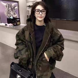 通勤显瘦宽松迷彩连帽棉服外套休闲拉链百搭气质棒球服加绒加厚
