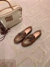 全牛皮~真皮平底乐福鞋女2025新款手工做旧蝴蝶结棕色小皮鞋单鞋