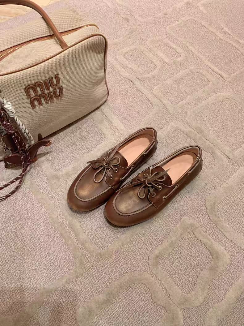 全牛皮~真皮平底乐福鞋女2025新款手工做旧蝴蝶结棕色小皮鞋单鞋
