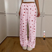 2025跨境外贸印花系带直筒裤夏季甜美少女底腰垂感显瘦宽松低腰裤