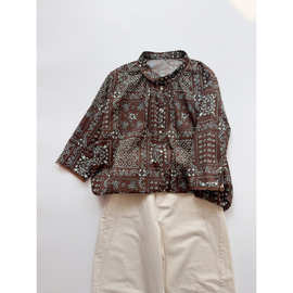 小众设计师咖色碎花小衫薄款纯棉七分袖印花衬衣女上衣拼桑蚕丝