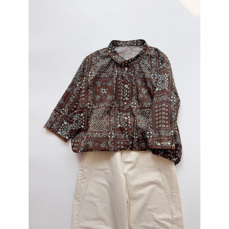 Niche Designer Coffee-Colored Floral Blouse, Thin Pure Cotton Three-Quarter Sleeve Printed Shirt, Women's Top with Mulberry Silk Niche Designer Coffee-Colored Floral Blouse, Thin Pure Cotton Three-Quarter Sleeve Printed Shirt, Women's Top with Mulberry Silk