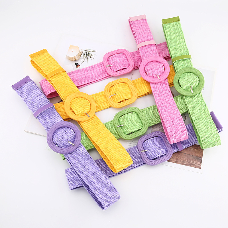 新款韩版棉麻风彩色PP草编织腰带女圆形方形扣连衣裙长衫装饰皮带