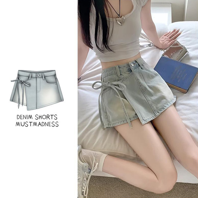 Fake Two-piece Denim Shorts Women's Summer A- shaped High Waist Irregular Western-style Strap Culottes Small Hot Girl Pants