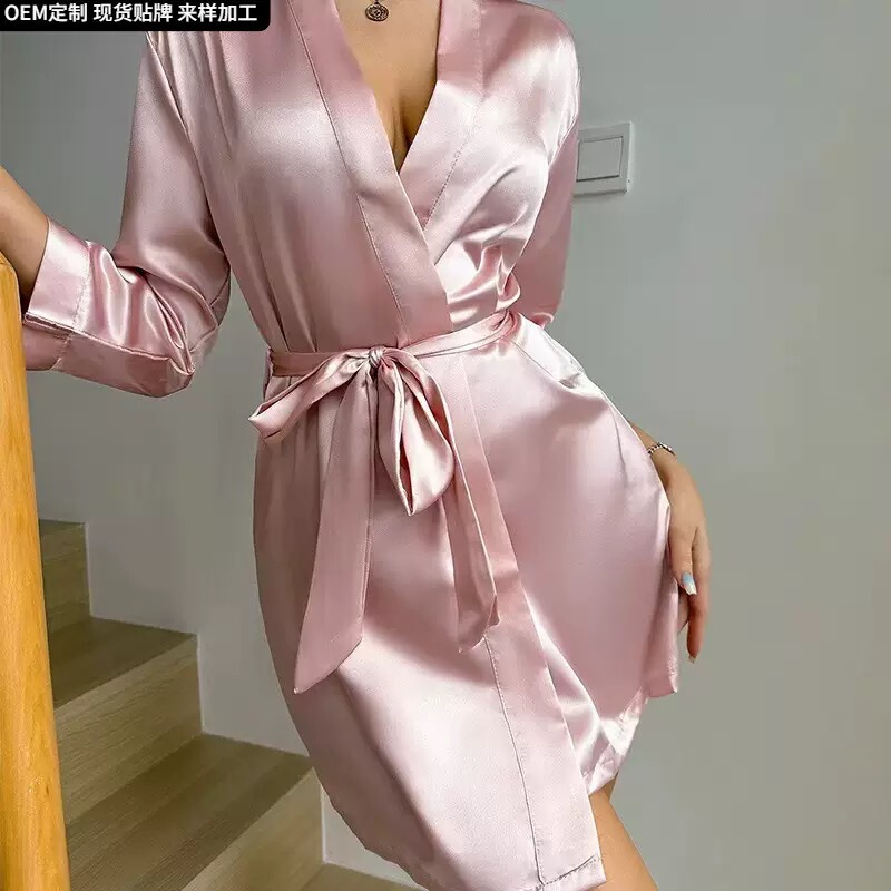Cross-Border Ice Silk Nightgown for Women Plus Size Short Bridal Morning Bathrobe Hotel Bathrobe Sexy New Ice Silk Thin Home Clothes