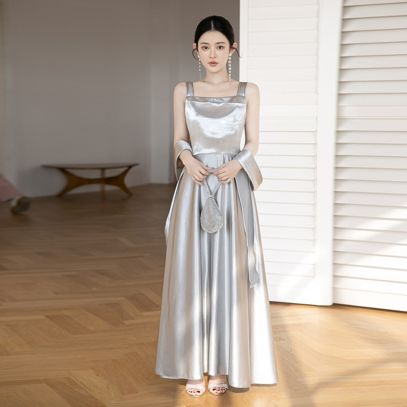 Silver Wedding Bridesmaid Dress, Satin Sister Group Dress, Long Dress, Satin Bridesmaid Dress with a High-End Feel
