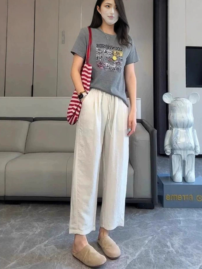 Quần culottes nữ ống rộng vải lyocell linen mùa hè dáng suông ống đứng — Xanh da trời chín phân