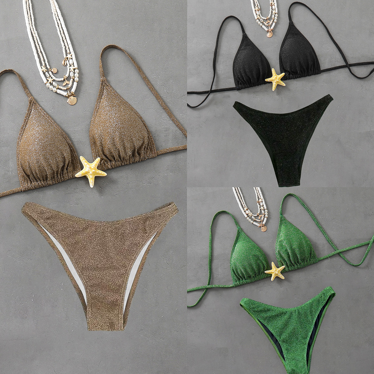 154g Weight Sexy Feel Of Sensation Women's Solid Color Starfish 2 Pieces Set Bikinis Swimwear