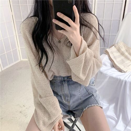 Gentle Wind Korean Style Casual Long-Sleeve T-Shirt Women Summer Thin Knit Sun Protection Cover-up Soft Milky Blue Top